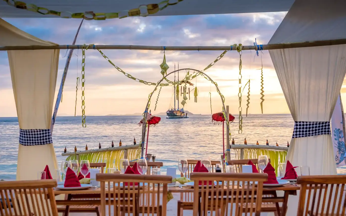 Deck dining set up at sunset