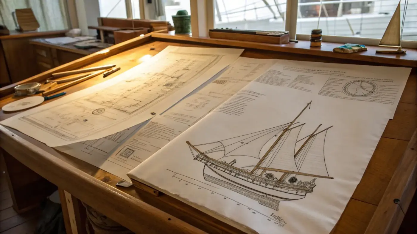 Phinisi plans on a drafting table