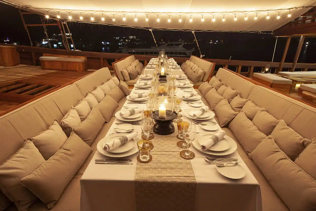 Long dining table set on deck at night