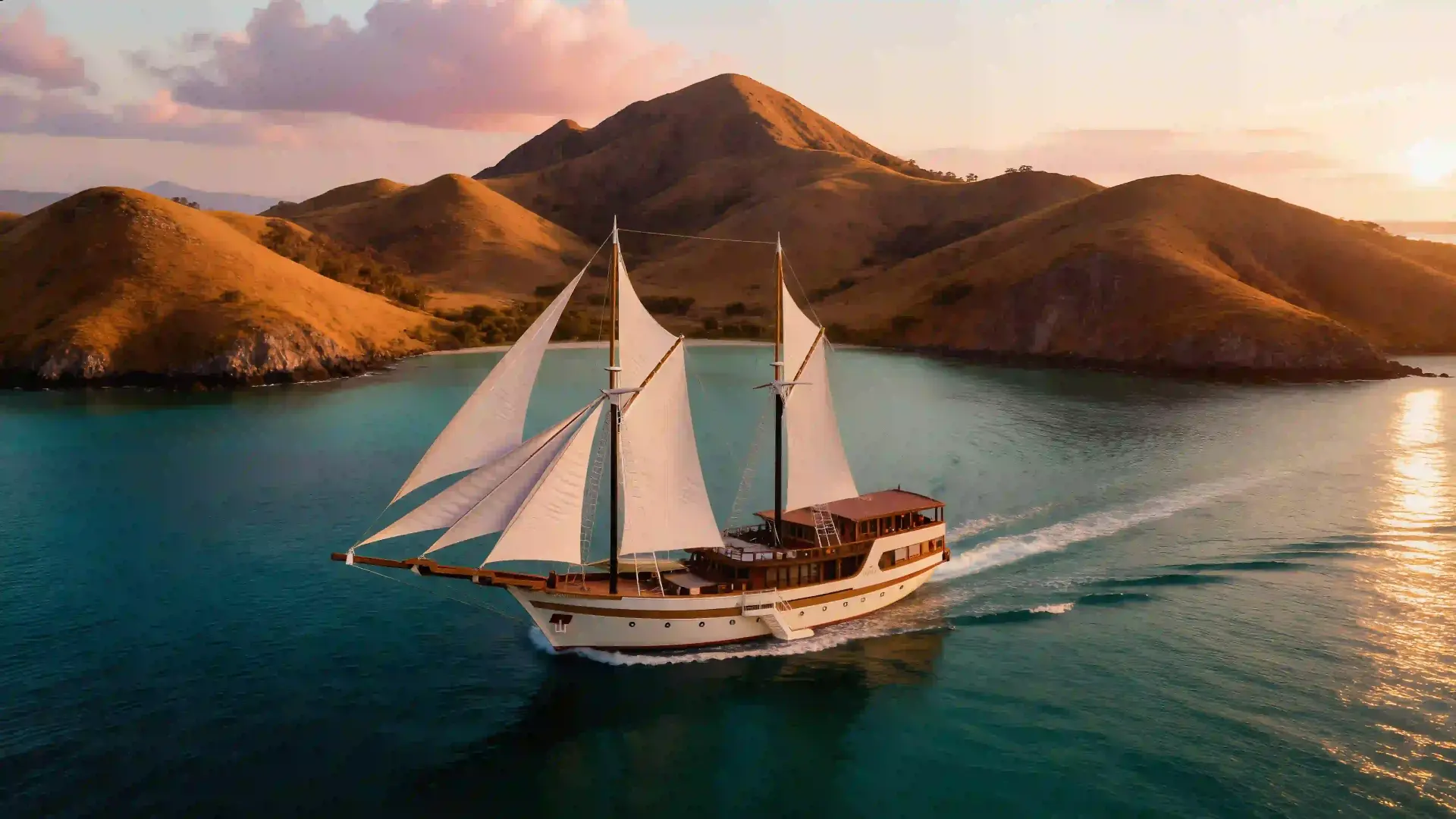 Phinisi under full sail below Komodo hills