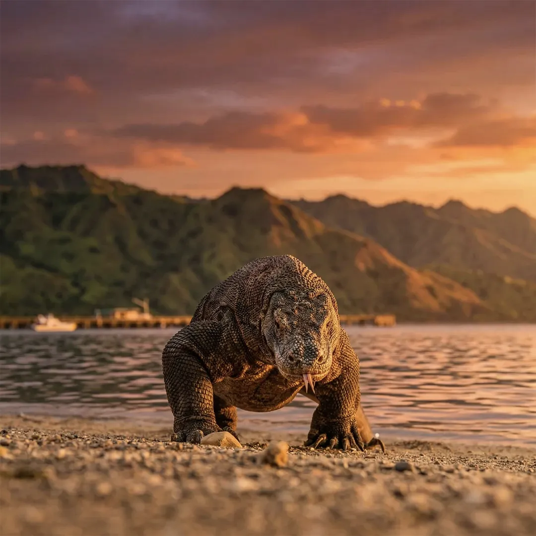 Komodo dragon resting at sunset