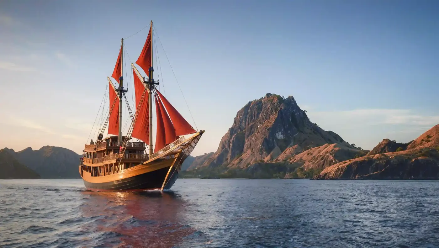 Luxury phinisi anchored below Komodo hills