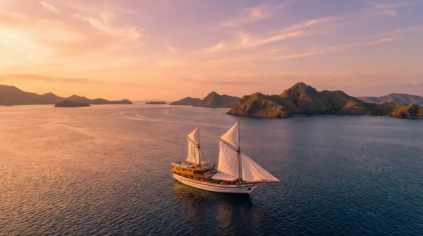 Aerial view of a phinisi at sunset near islands