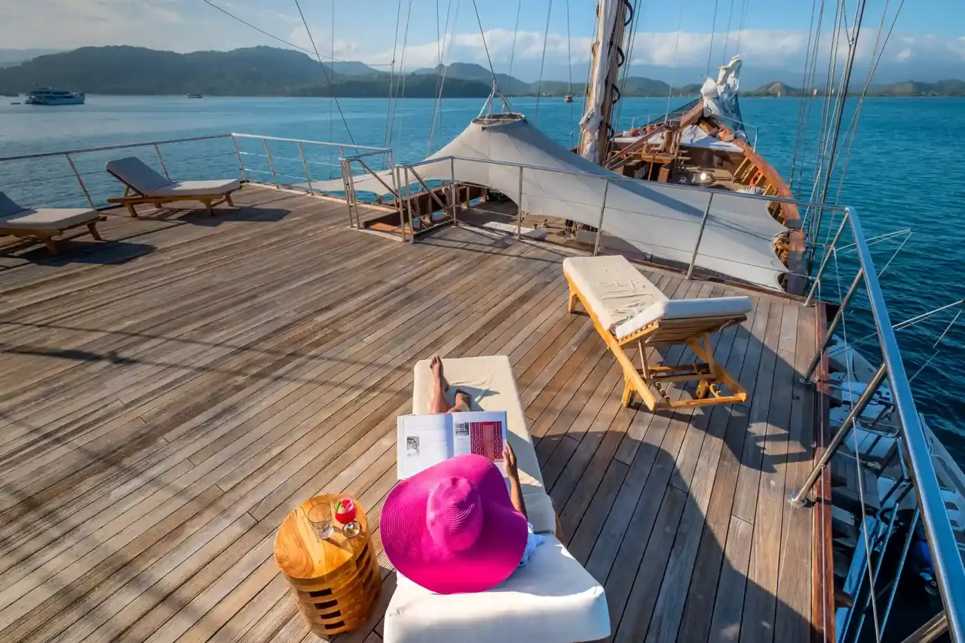 Teak upper deck of a phinisi under sail