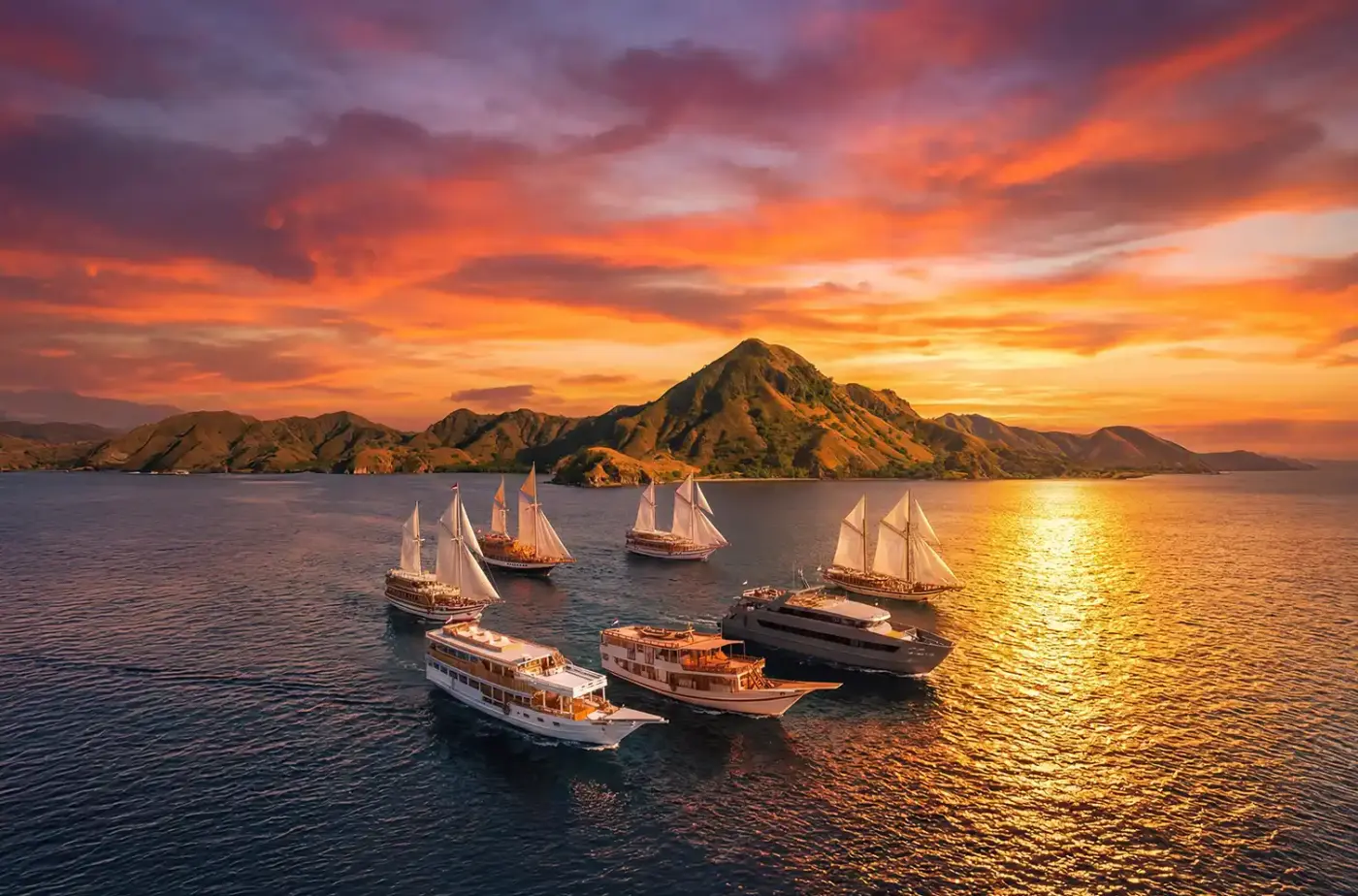 Several phinisi anchored in a bay at sunset