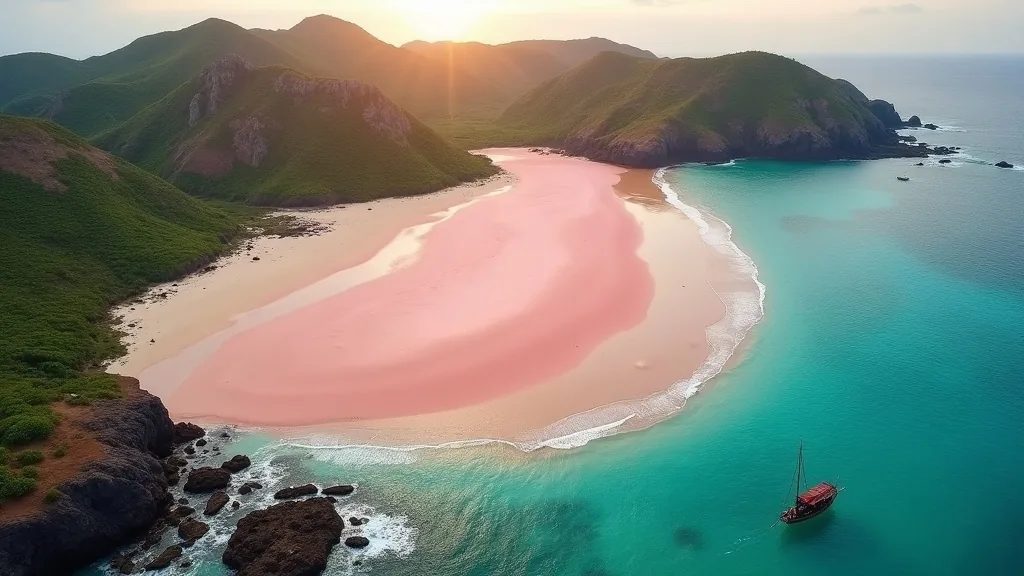 Aerial view of Pink Beach with a phinisi anchored offshore in Komodo