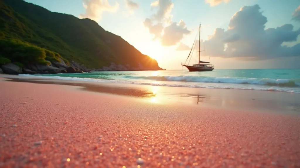Phinisi anchored off a pink sand beach at golden hour in Komodo