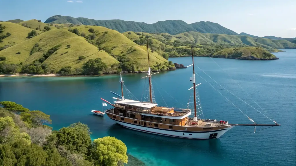Phinisi anchored in a turquoise bay below green Komodo hills