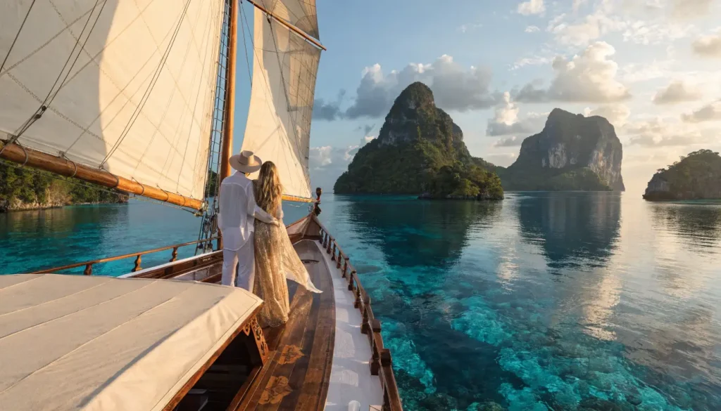 Guests on the bow of a sailing phinisi among karst islands
