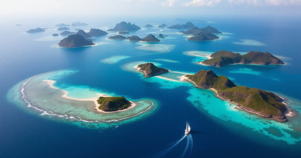 Aerial view of the Komodo archipelago with islands, reefs and a sailing boat