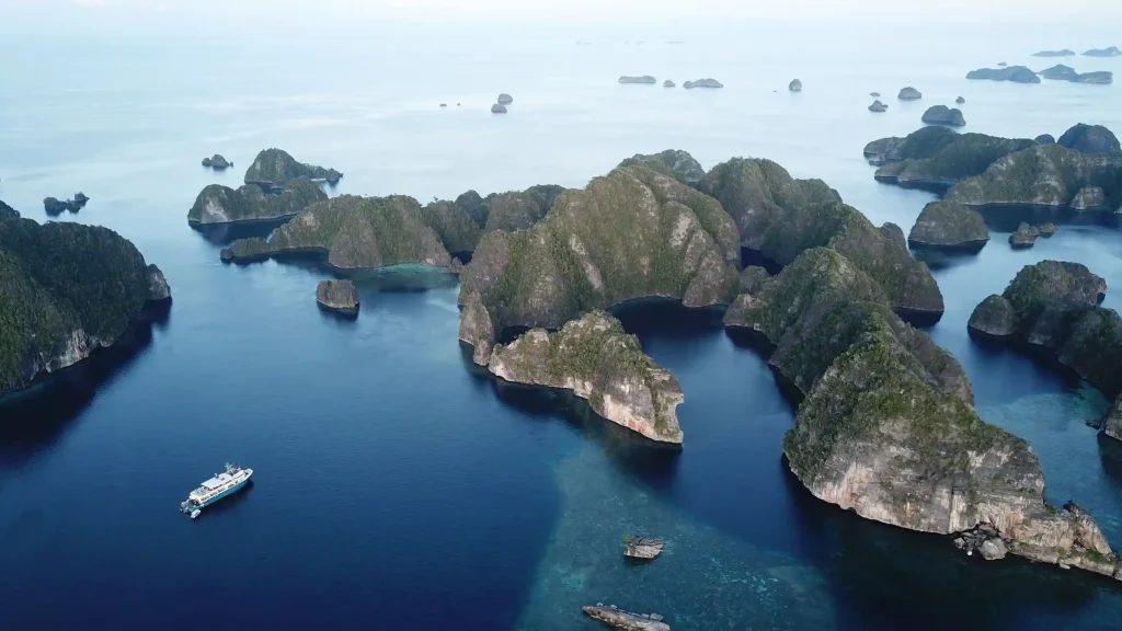 Aerial view of a liveaboard boat among karst islands and lagoons