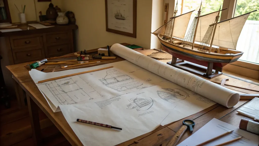 Naval architect's drawings and a scale model of a sailing ship on a workshop desk