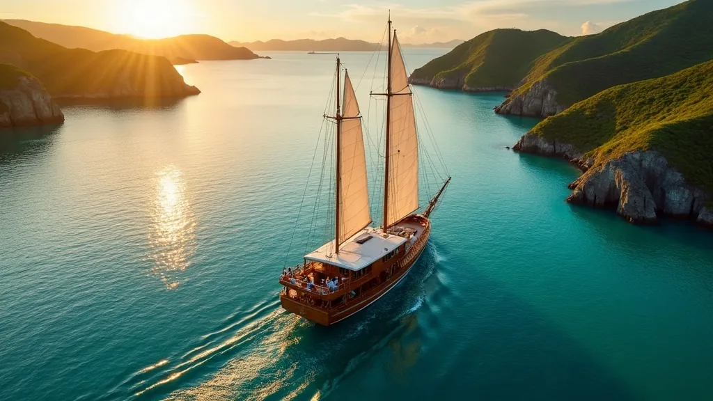 Aerial view of a phinisi sailing through Komodo National Park at golden hour