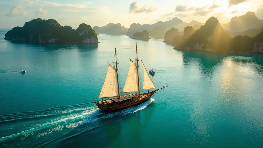 Phinisi sailing through limestone islets on turquoise water
