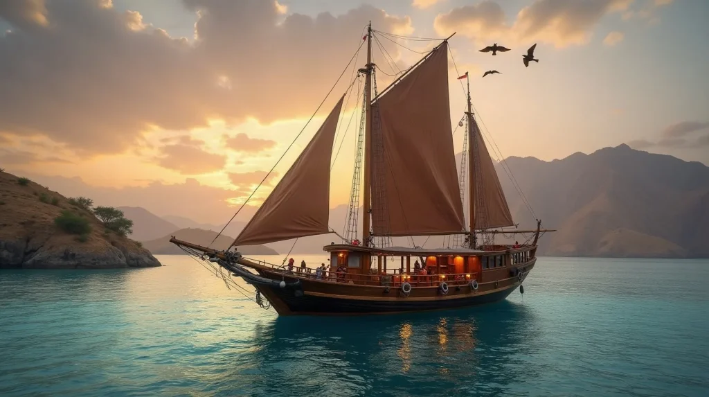 Traditional phinisi at anchor in a Komodo bay at dusk (illustration)