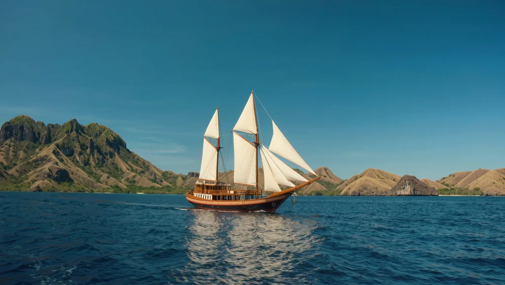 Three-masted phinisi with white sails cruising past Komodo hills
