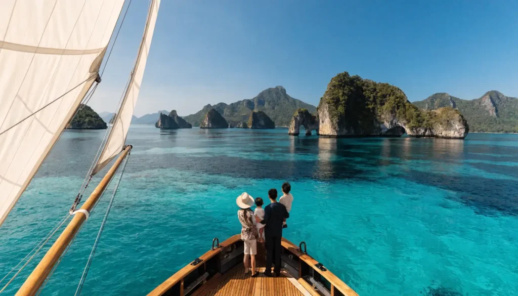 Family standing on the bow of a sailing boat among karst islands and turquoise water