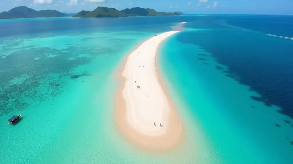 Aerial view of a crescent sandbar and reef in Komodo National Park