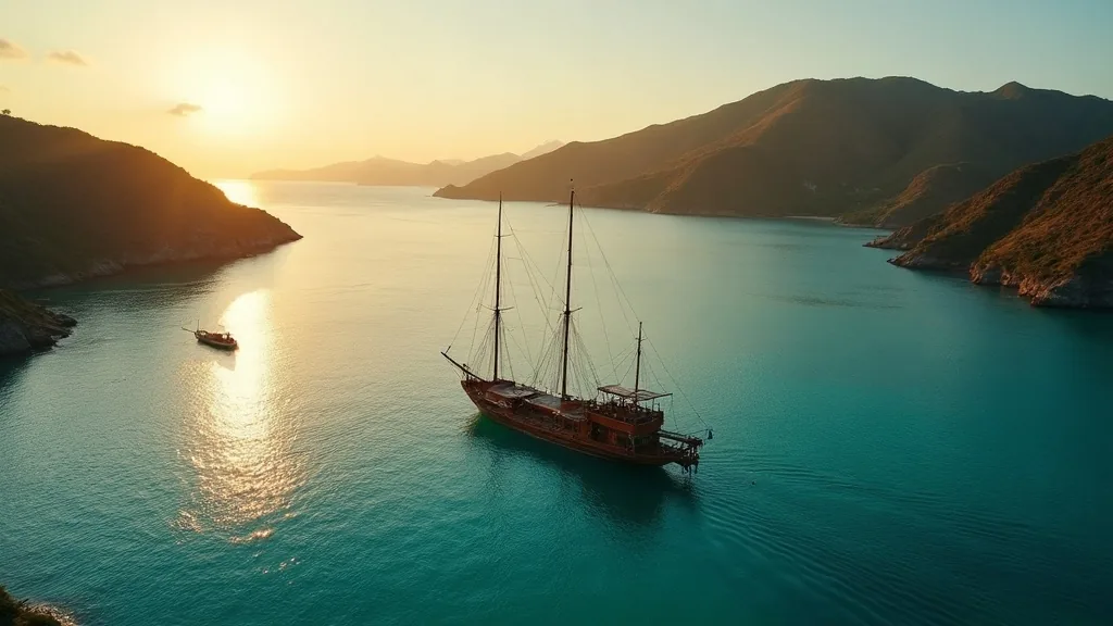 Small wooden sailing boat crossing a calm bay in the Komodo islands