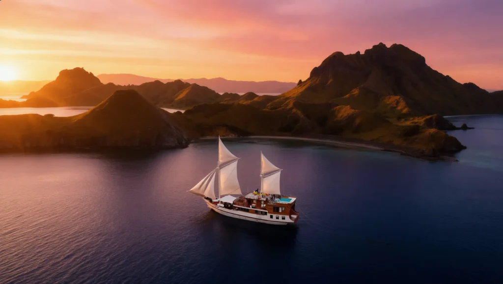 Phinisi under sail at sunset among the islands of Komodo National Park