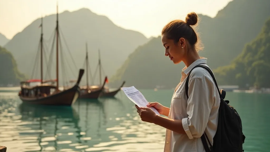 Buyer reviewing paperwork on the harbour with wooden boats moored behind