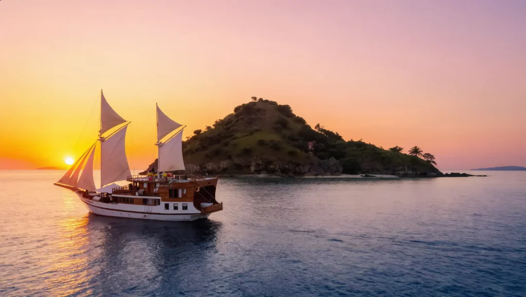 Phinisi sailing past a small island at sunset in eastern Indonesia