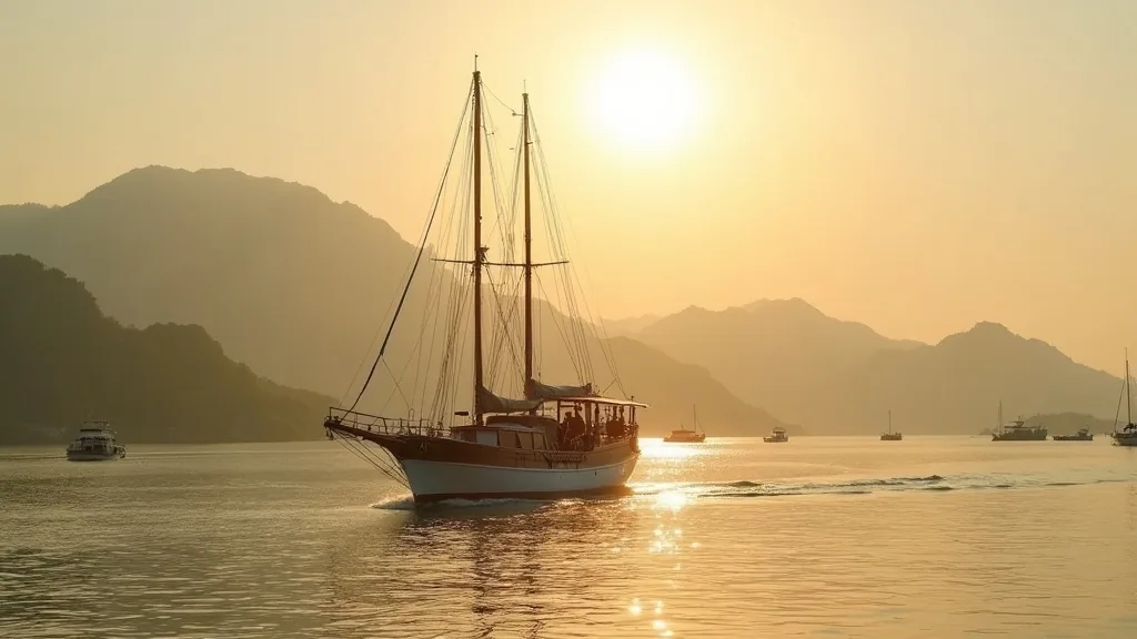 Two-masted wooden sailing boat on a calm sea at sunrise in Komodo