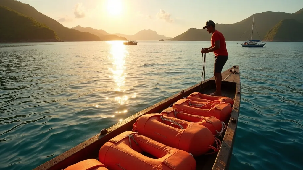 Crew member checking the life jackets stowed on a wooden boat
