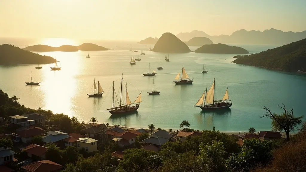 Charter boats anchored across a sheltered bay off Labuan Bajo