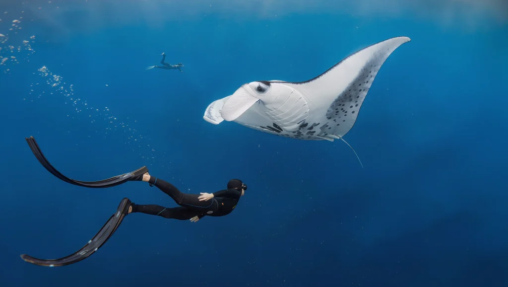 Freediver swimming alongside a manta ray in open blue water off Komodo