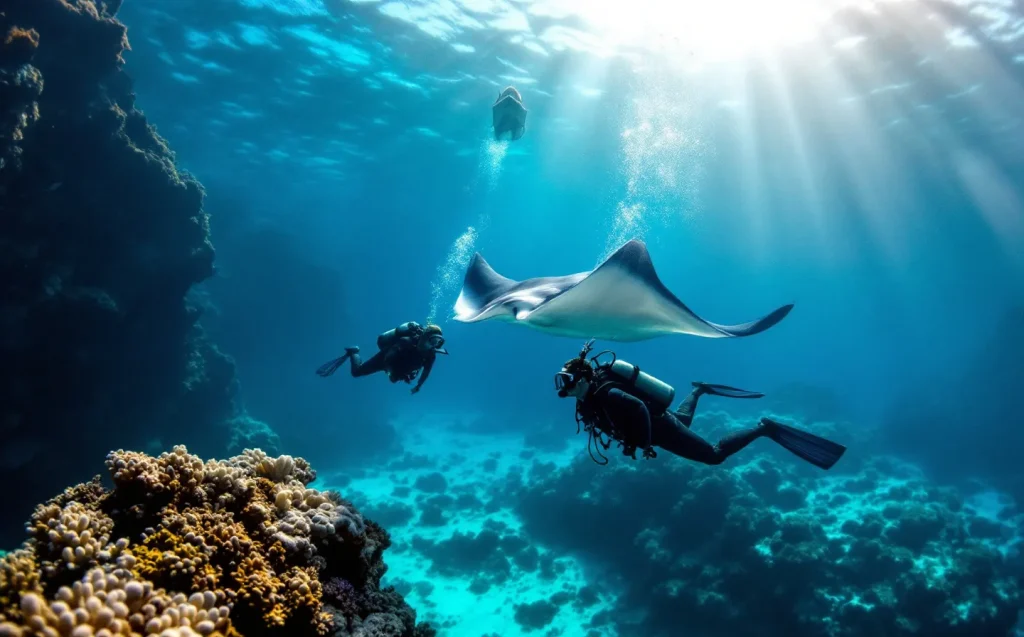 Scuba divers and a reef manta ray over a coral slope in Komodo National Park