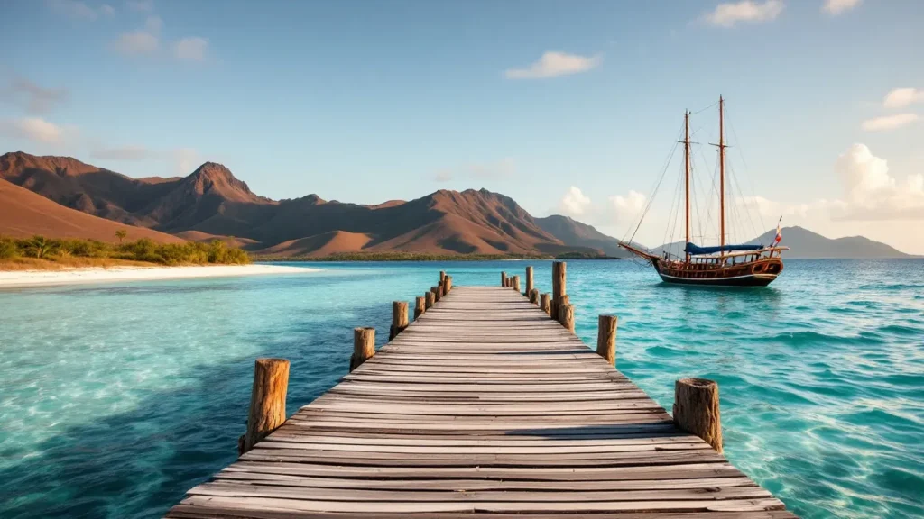 Wooden jetty leading out to an anchored phinisi in a Komodo bay