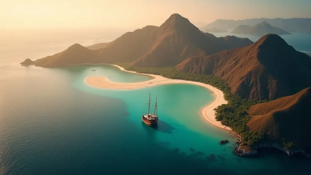 Aerial view of Padar Island bays with a phinisi anchored in turquoise water