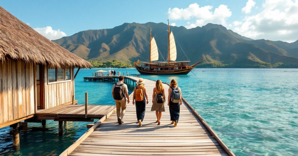 Travellers walking a wooden jetty towards a phinisi anchored in Komodo National Park