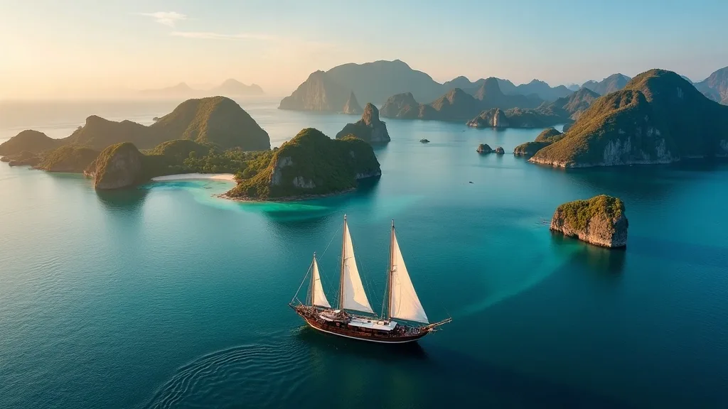 Phinisi sailing past karst islets and lagoons in Raja Ampat