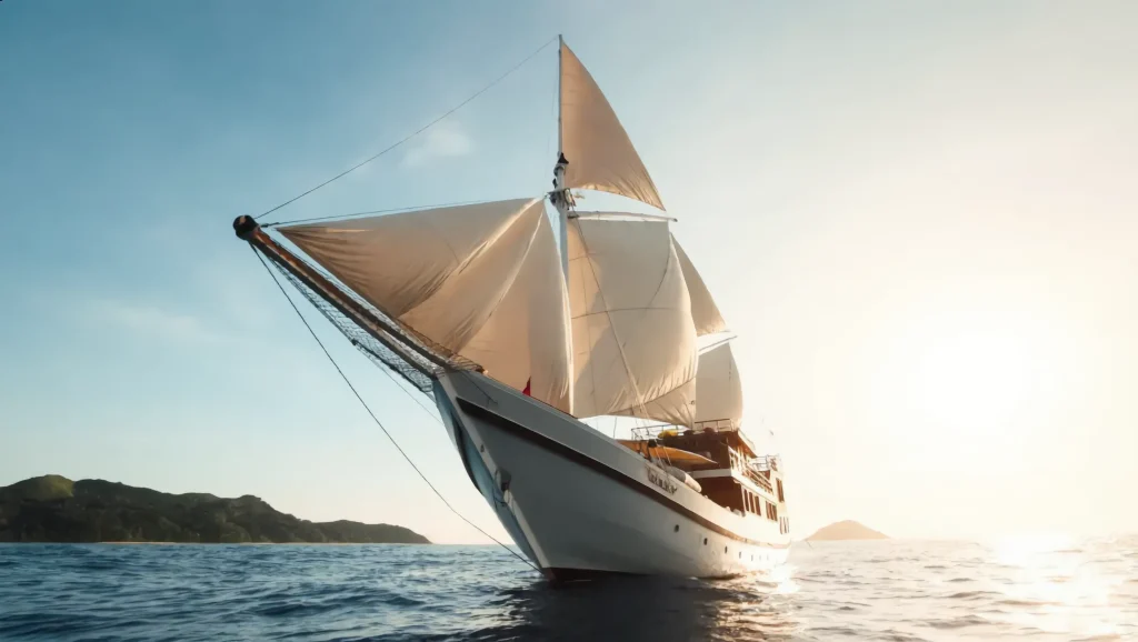 White-sailed luxury phinisi under full canvas off the Komodo coast