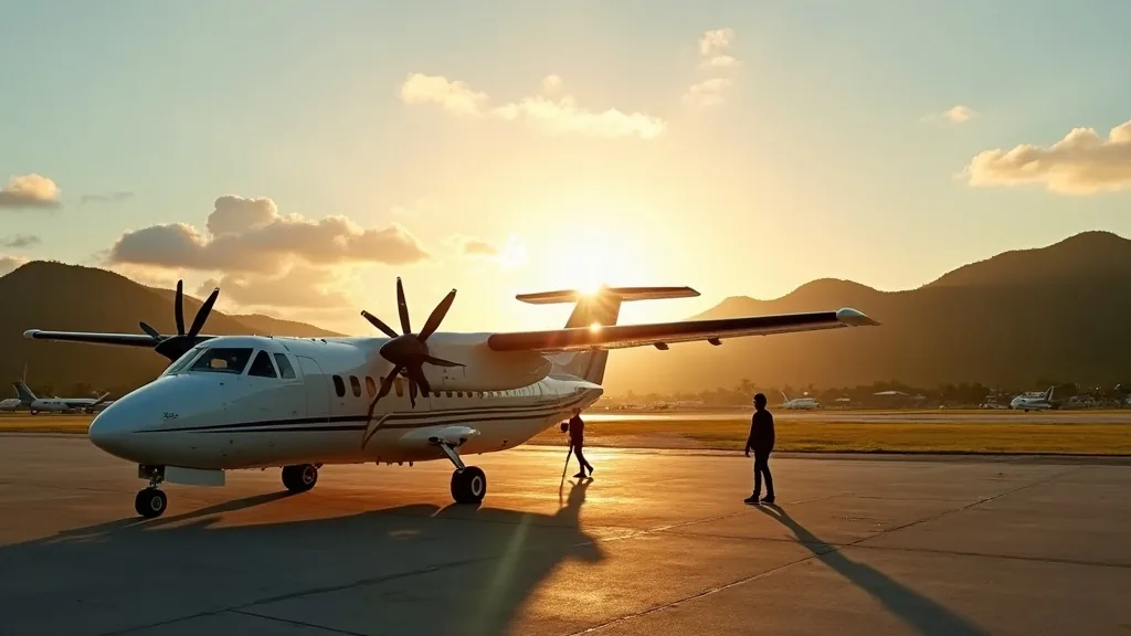 Twin-propeller passenger aircraft on the apron at golden hour before an island transfer