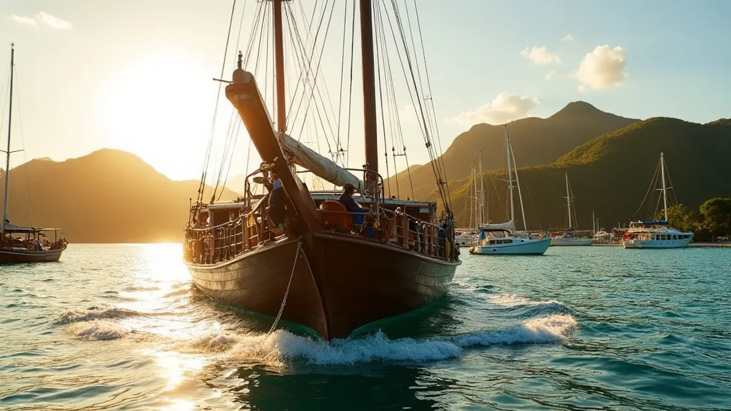 Wooden sailing boat motoring out of Labuan Bajo harbour at golden hour