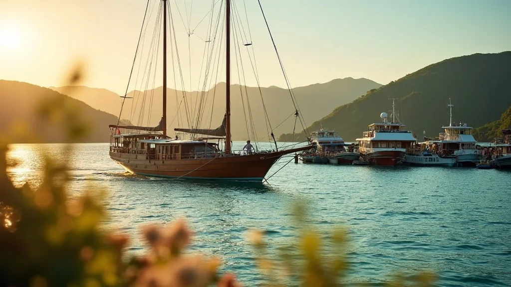 Wooden sailing boats moored at a Labuan Bajo harbour jetty