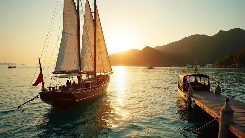 Charter boat tied up at a wooden jetty in Labuan Bajo at sunset