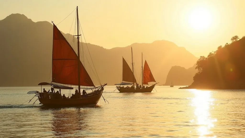 Two red-sailed wooden boats sailing at golden hour in Komodo waters