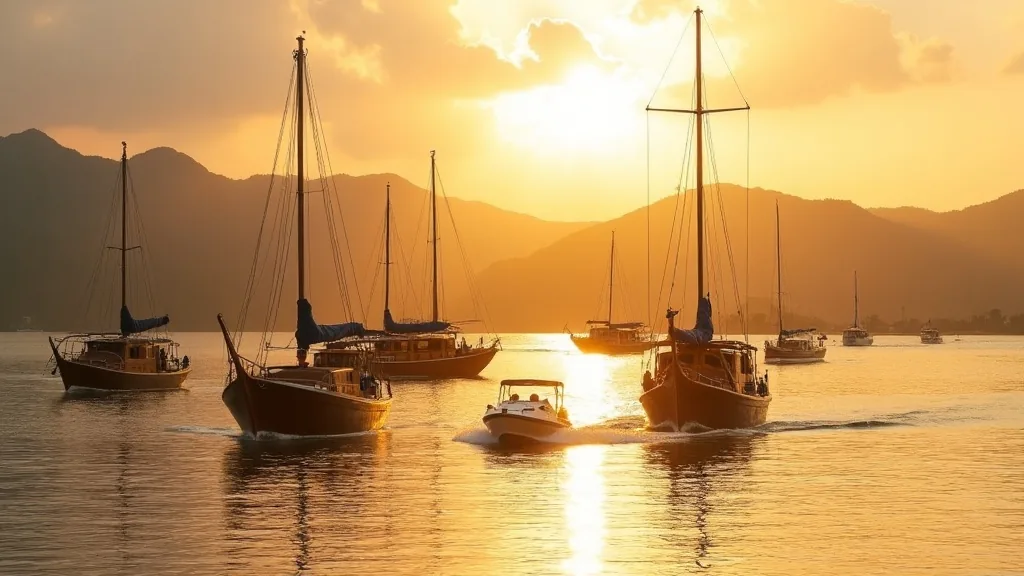Phinisi and charter boats at anchor in Labuan Bajo harbour at golden hour