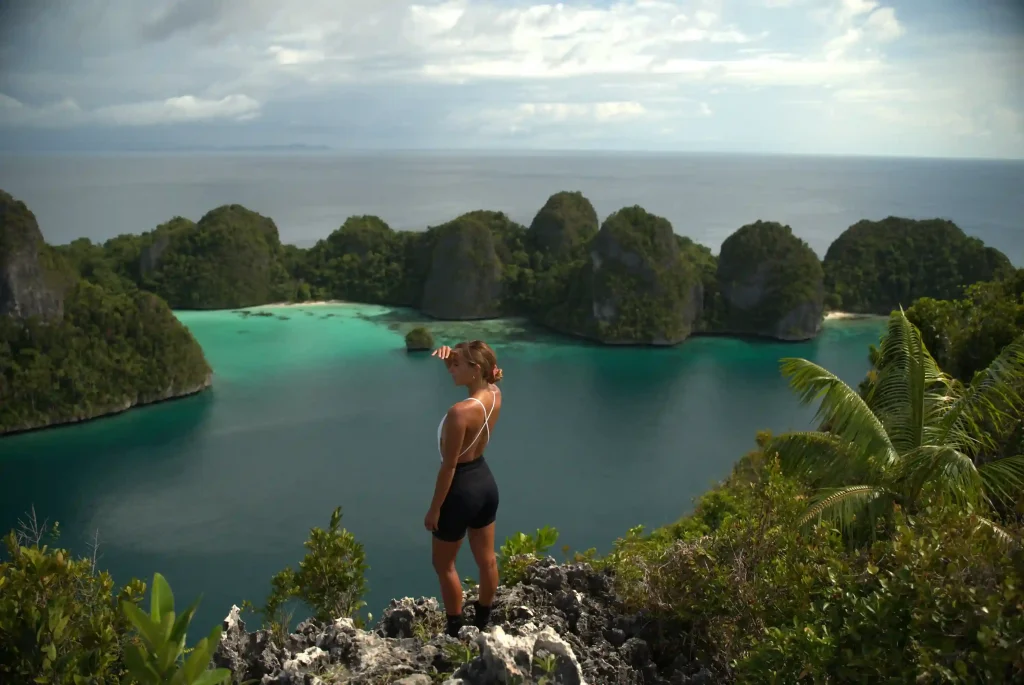 Traveller overlooking a karst lagoon from a rocky viewpoint
