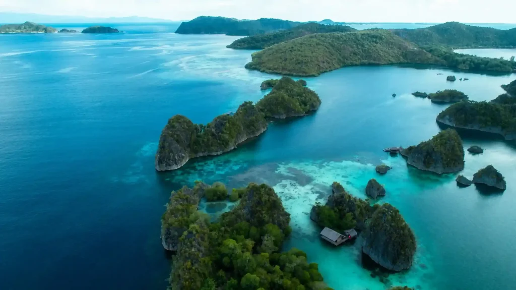 Aerial view of forested islands and turquoise channels in eastern Indonesia