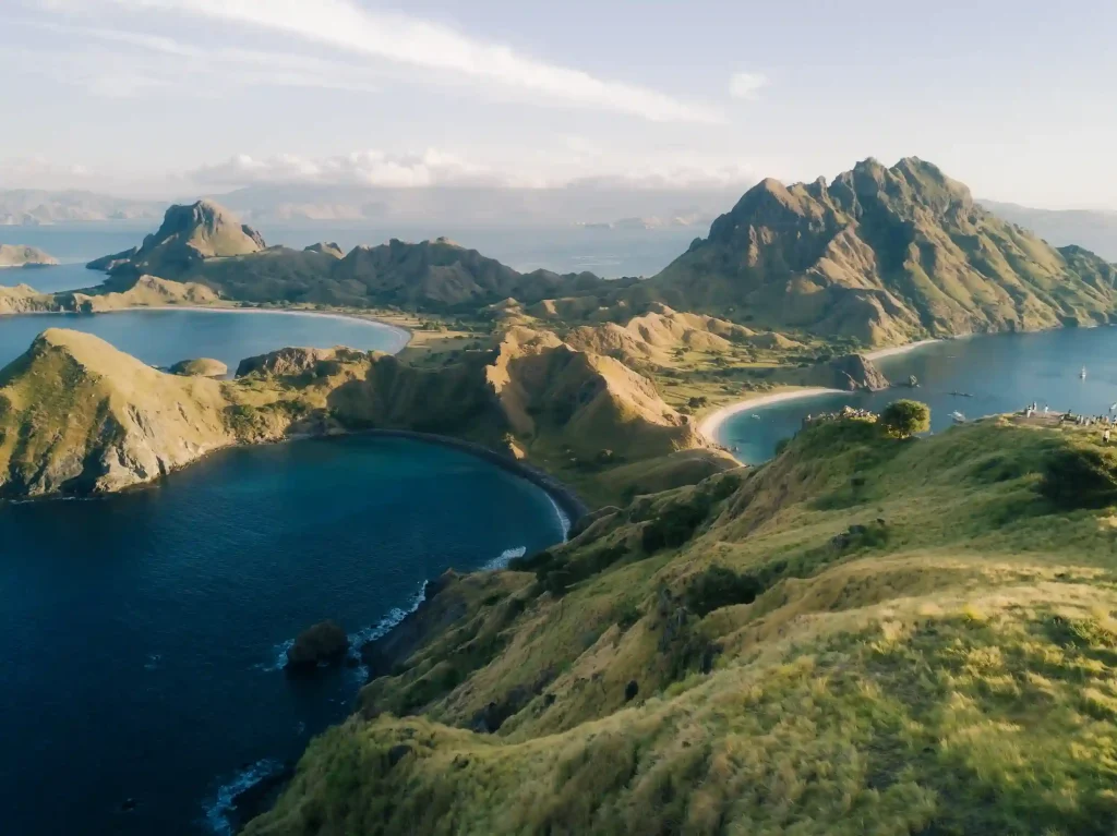 Aerial view of Padar Island ridges and bays in Komodo National Park